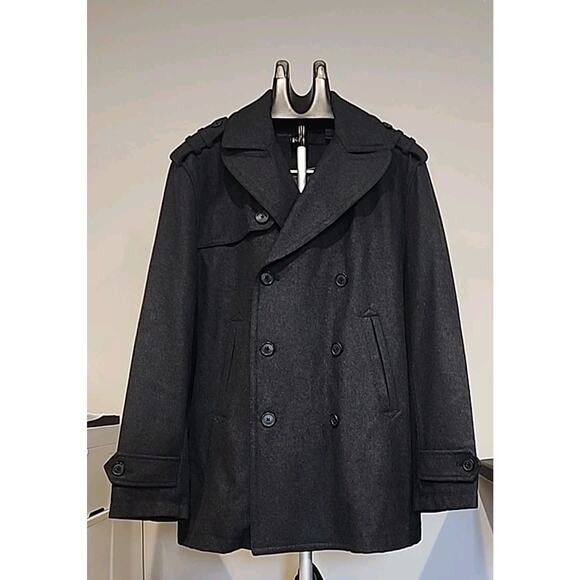 Perry Ellis Wool Blend Lined Double Breasted Jacket Coat Medium Gray Military - Picture 1 of 10
